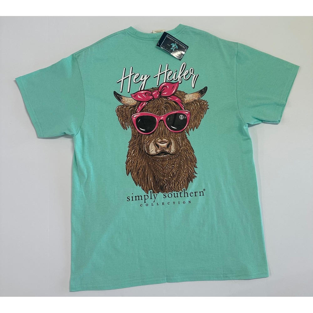 Simply Southern Hey Heifer Highland Cow Graphic T-Shirt Seafoam Green Large NWT